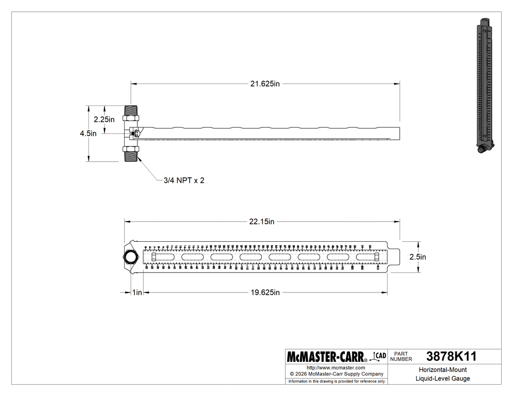 Technical Drawing of Horizontal-Mount Liquid-Level Gauge, with Steel Fitting, for 55 Gallon Drum.